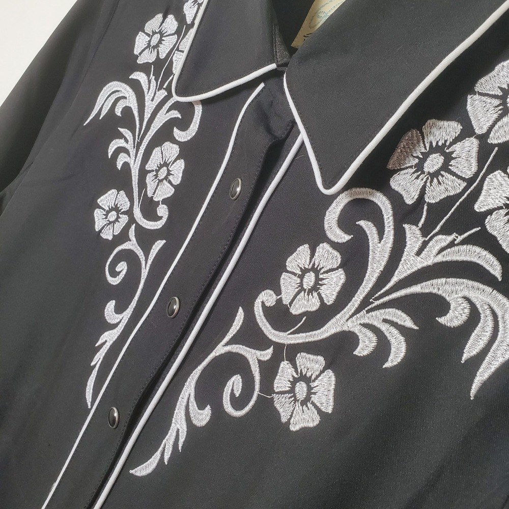 Roper Western Shirt Dress Black Floral Embroidered Long Sleeve Pearl Snap XL - Picture 10 of 12